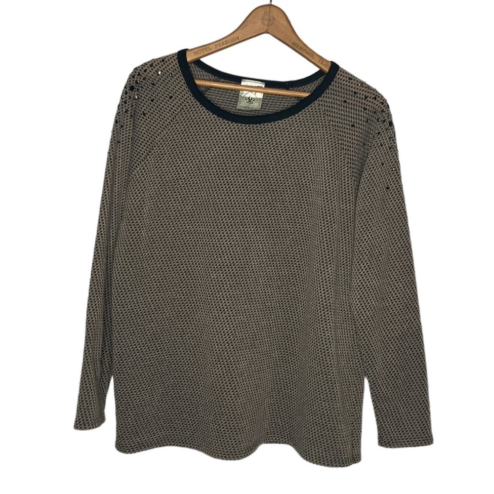 Vocal USA Small S Brown Black Thermal Waffle Knit Rhinestone Shoulder Bling Top‎